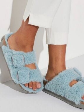 Birkenstock Papillio Arizona Light Blue Shearling Big-Buckle Slide Mules